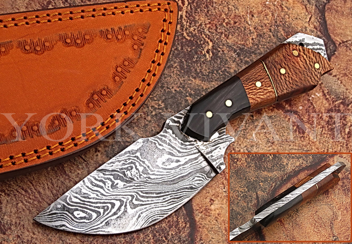 Damascus steel hunting, camping & skinner knife with Buffalo Horn and Chinar Wood handle