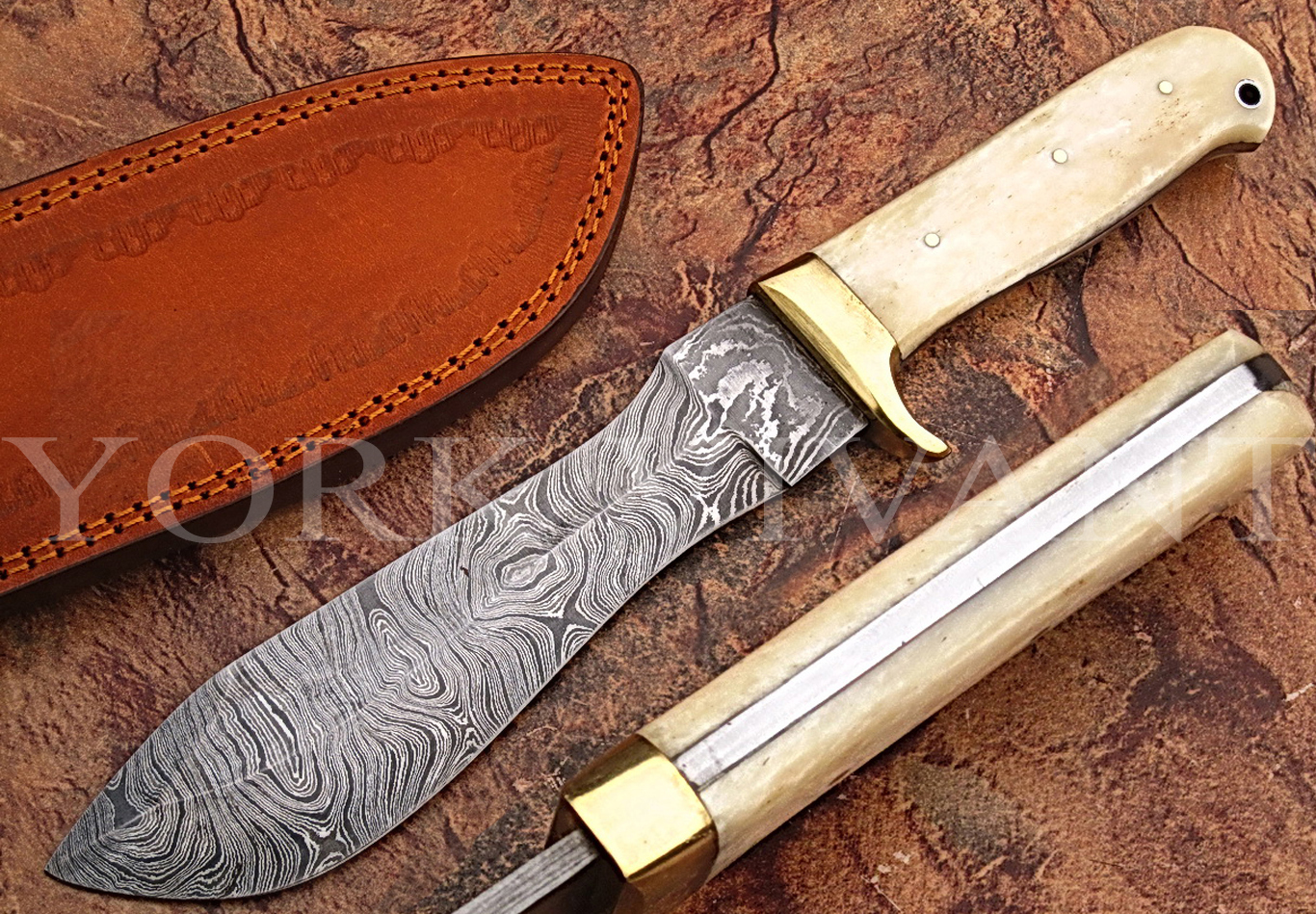 Engraved Damascus hunting sword and knife set product photo