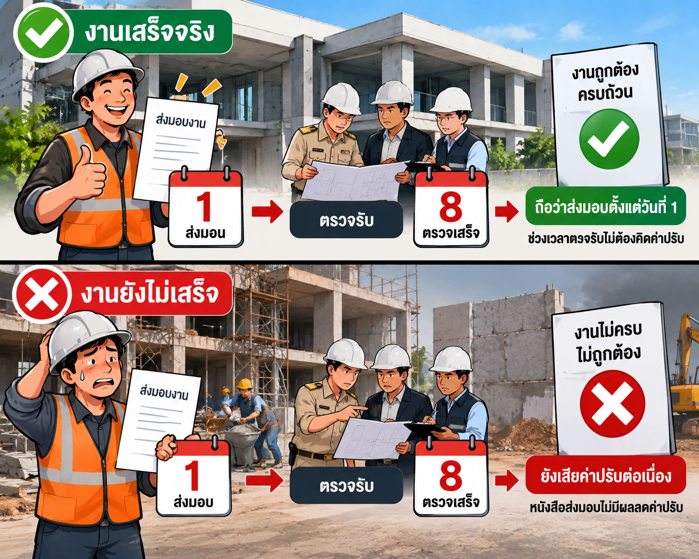 ⚠️ อย่าเข้าใจผิด “ยื่นหนังสือส่งมอบ” ไม่ได้ทำให้งานที่ยังไม่เสร็จ กลายเป็นงานเสร็จ และไม่ได้หยุดค่าปรับ