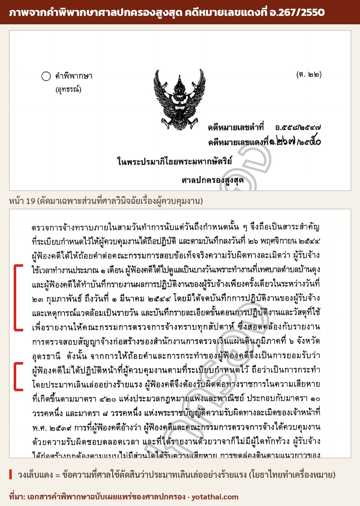 ภาพจากคำพิพากษาศาลปกครองสูงสุด อ.267/2550 หน้า 19 ผู้ควบคุมงานไปดูแลเป็นบางวัน ทำบันทึกเพียงครั้งเดียว ถือว่าประมาทเลินเล่ออย่างร้ายแรง