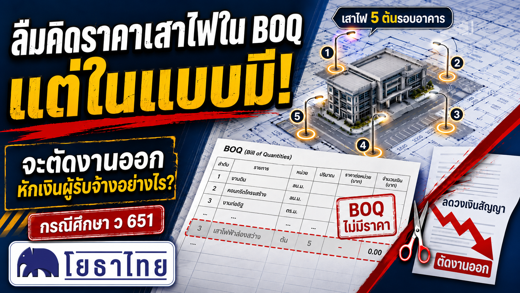 ลืมคิดราคาเสาไฟรอบอาคารใน BOQ แต่ในแบบก่อสร้างต้องมี ต่อมาจะตัดงานออก ต้องหักเงินผู้รับจ้างอย่างไร?