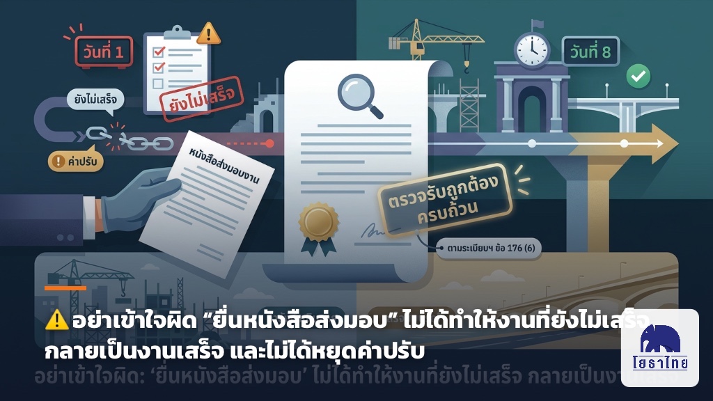 ⚠️ อย่าเข้าใจผิด “ยื่นหนังสือส่งมอบ” ไม่ได้ทำให้งานที่ยังไม่เสร็จ กลายเป็นงานเสร็จ และไม่ได้หยุดค่าปรับ
