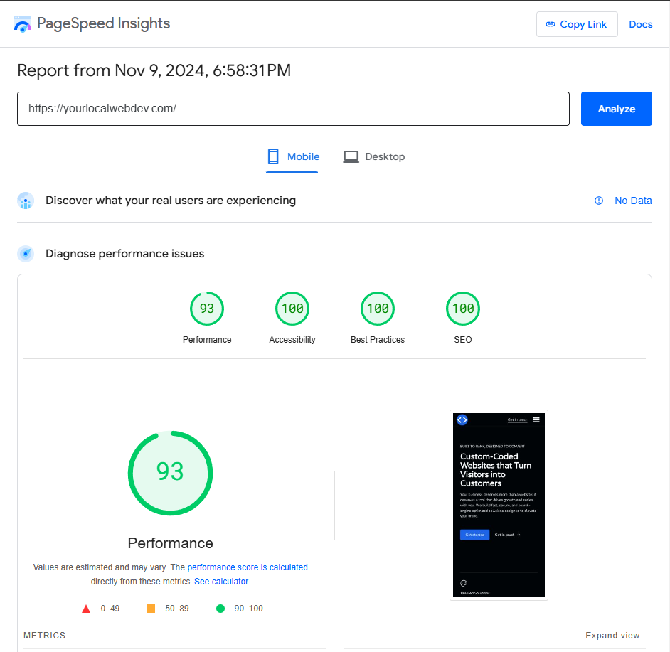 Google PageSpeed Insights report showing page speed score and suggestions for improvement.