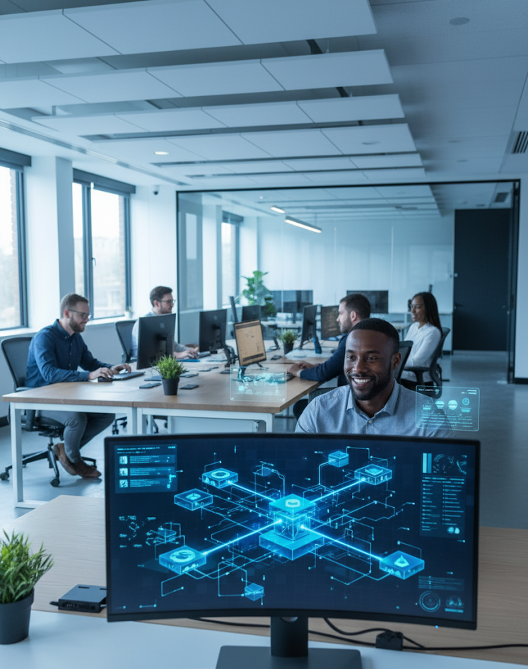 Service shop team reviewing repairs