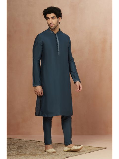 Manyavar Blue Viscose blend traditional Kurta with Pencil Pajama (Set of 2) preview