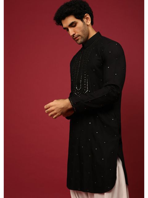 KALKI FASHION Black Pathani Suit In Cotton With & Thread Embroidered (Set of 2) preview