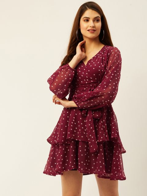ANVI Be Yourself Ruffle Polka Fit & Flare MAroon Dress preview