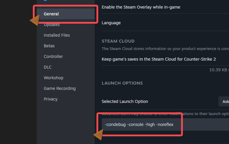Red arrows showing where to click to change launch options