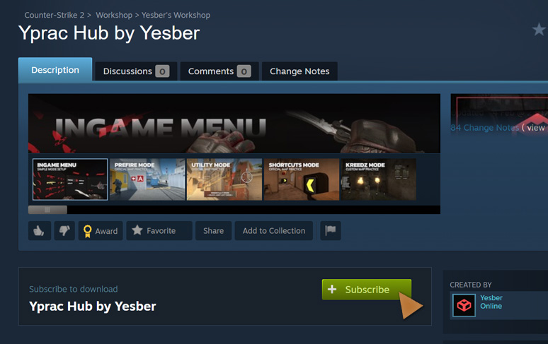 Image of the Yprac Hub on the steam workshop. The general look of the website and a red arrow to show where to click to Subscribe.