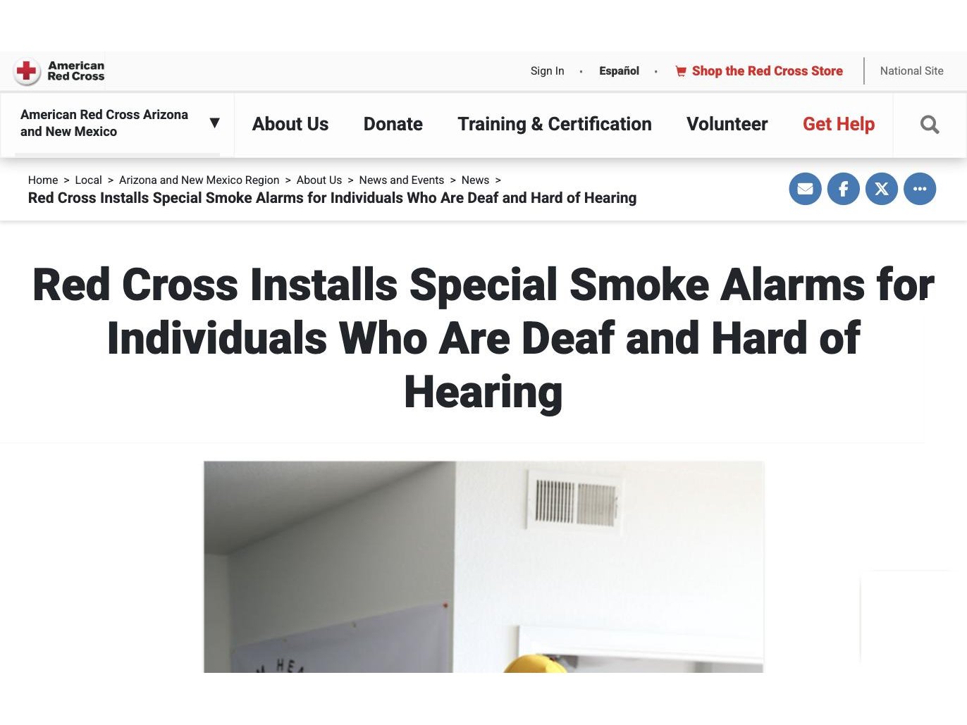 American Red Cross web page titled "Red Cross Installs Special Smoke Alarms for Individuals Who Are Deaf and Hard of Hearing"