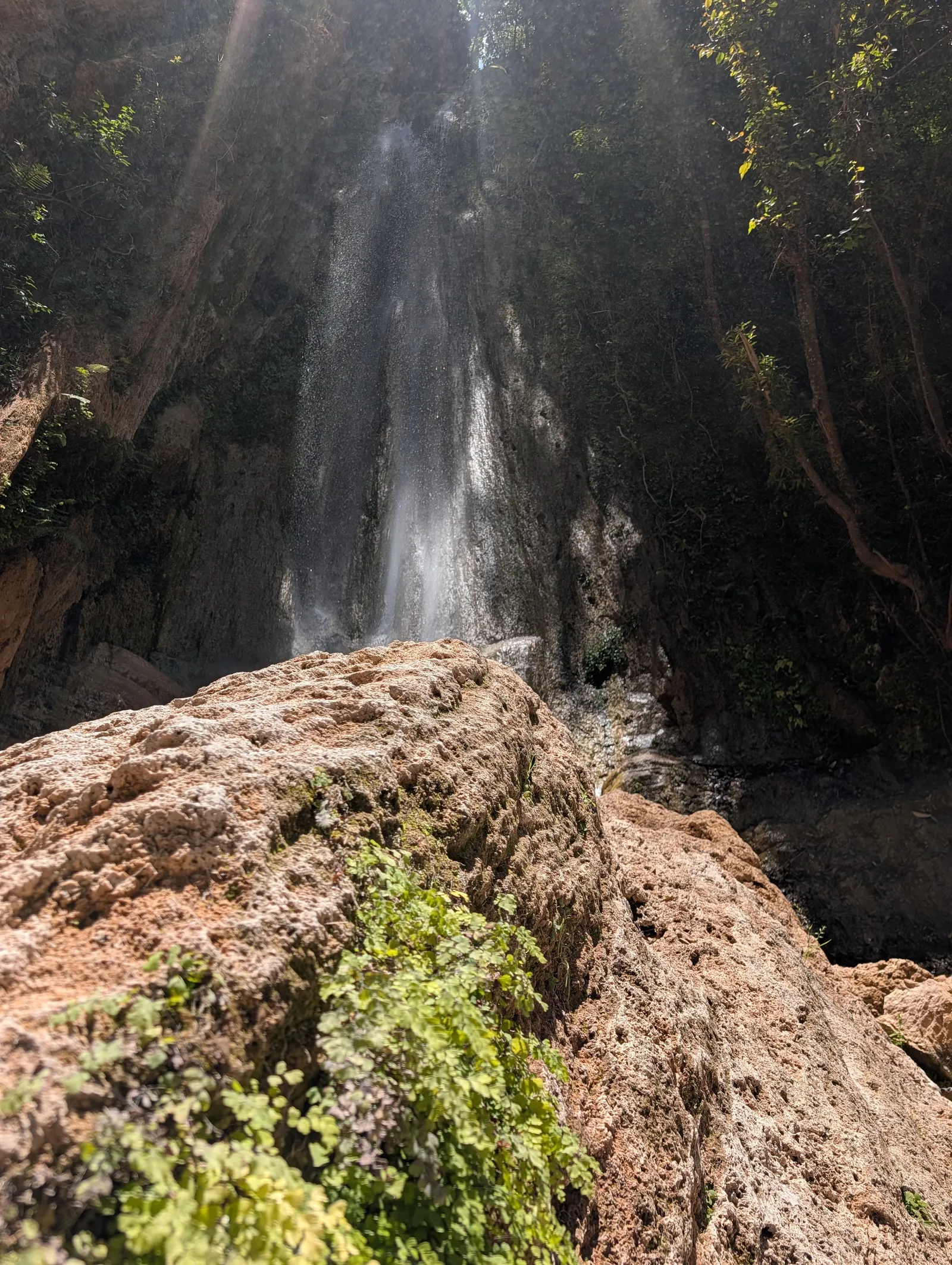 Cascada alta en Cascadas Maravillas, San Joaquín, Querétaro, rodeada de roca y vegetación.