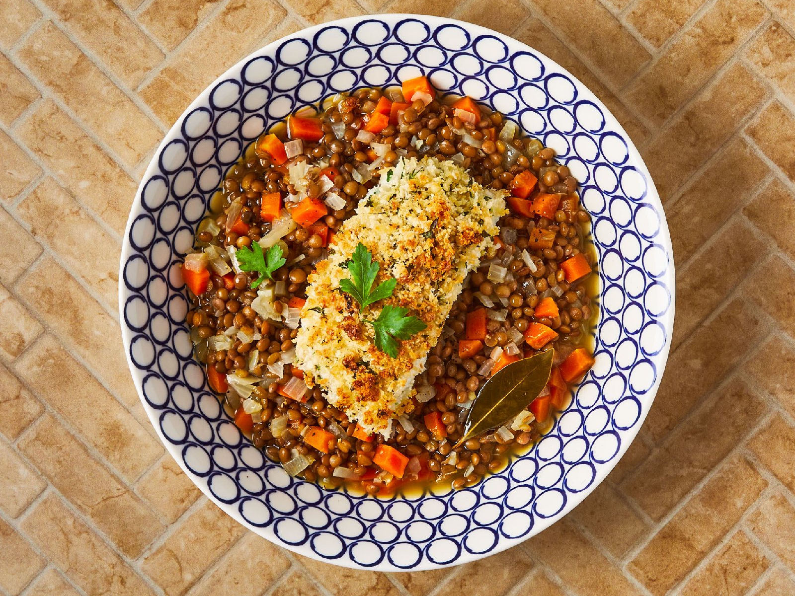 High Protein Baked Cod with Lentil Stew recipe, Mediterranean, Main Courses