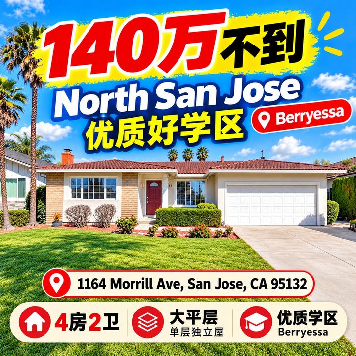 圣何塞Berryessa优质学区 4卧2卫采光绝佳精致单层独立屋