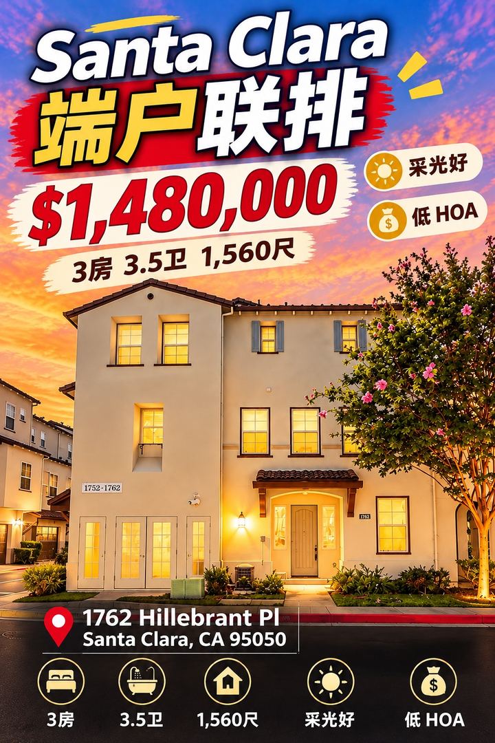 圣克拉拉优雅边套3卧联排别墅 采光通透开放式布局