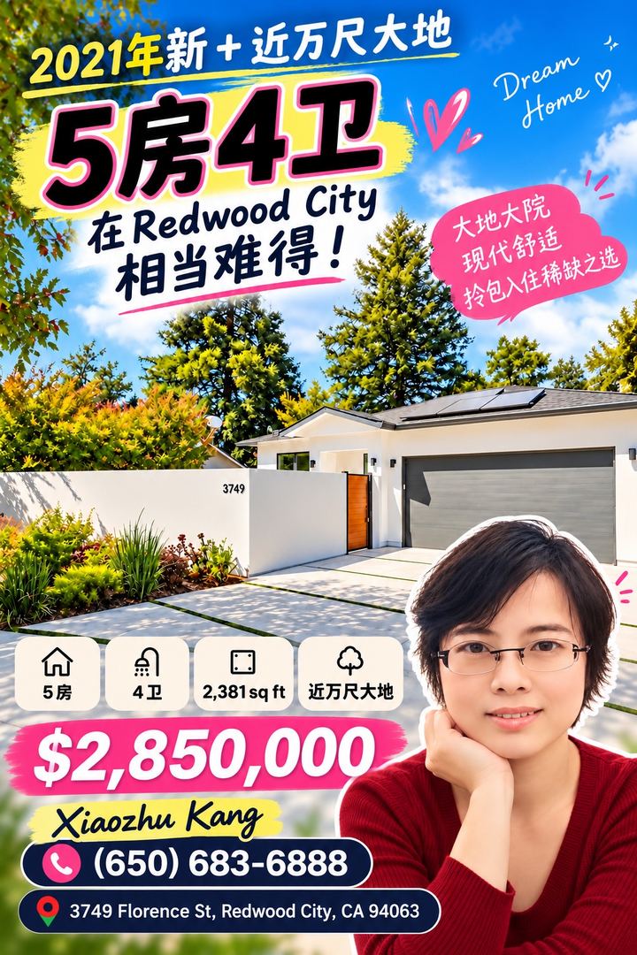 Redwood City 5房4卫现代奢宅 2021年建 占地约9400平方英尺