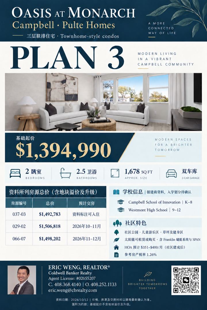 Campbell Pulte新盘三层联排 2卧2.5卫双车库 配备储能系统与社区公园
