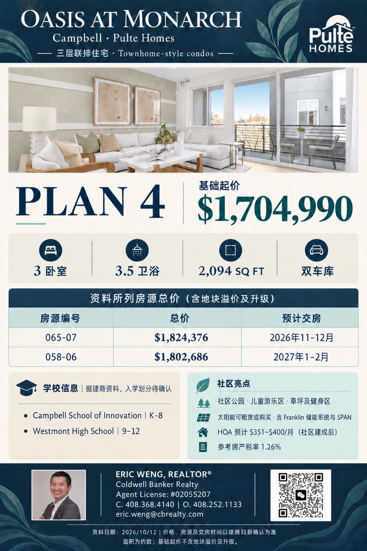 Campbell Oasis at Monarch Plan 4 三层联排 3房3.5卫 双车库 Pulte新房