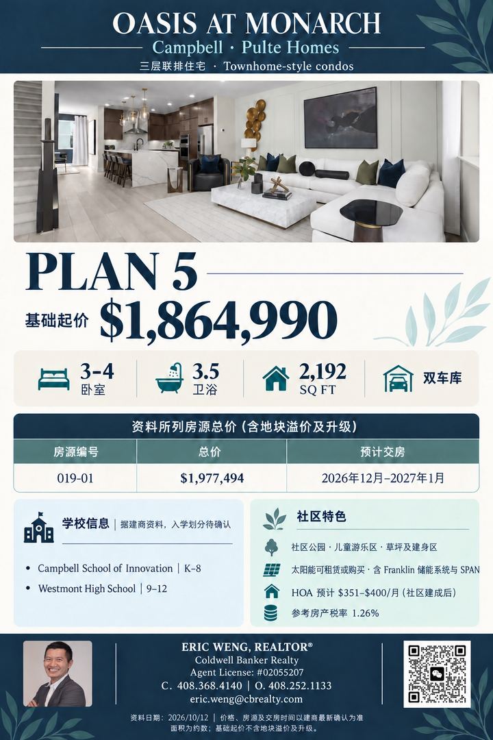 Campbell Oasis at Monarch 三层联排 Plan 5 宽敞3-4卧配双车库