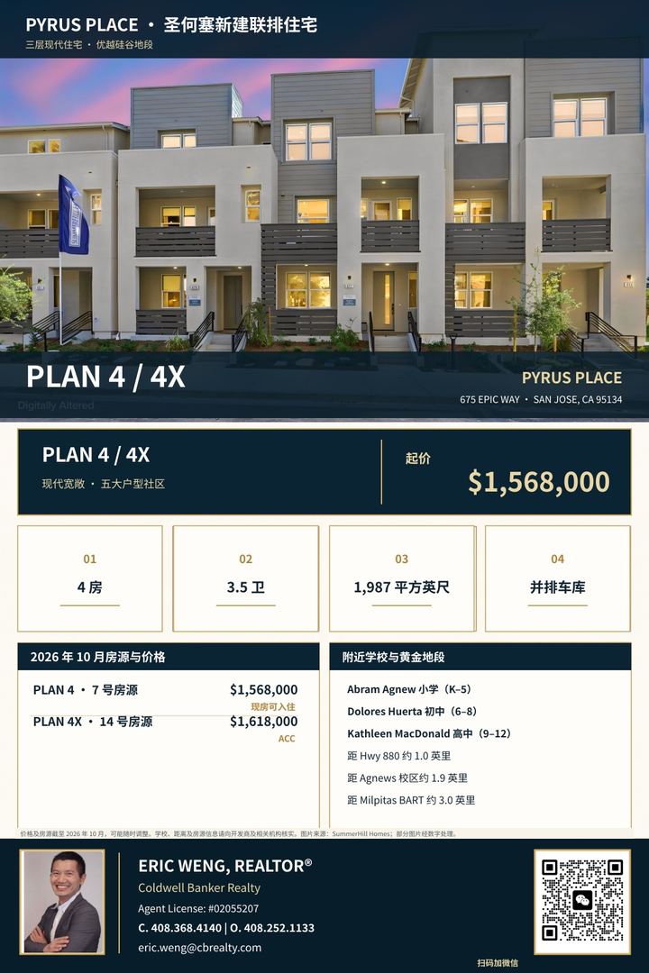 圣何塞现代三层联排 4房3.5卫并排车库 硅谷黄金核心地段