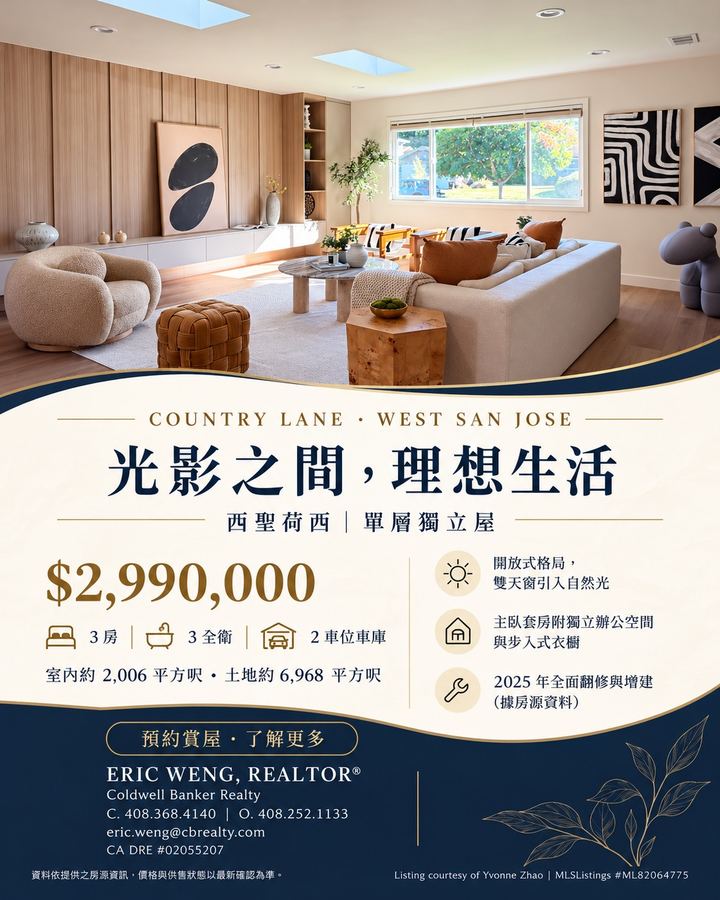 95129 3卧3卫单层精致独立屋 2025年全面翻新重建近哈克学校