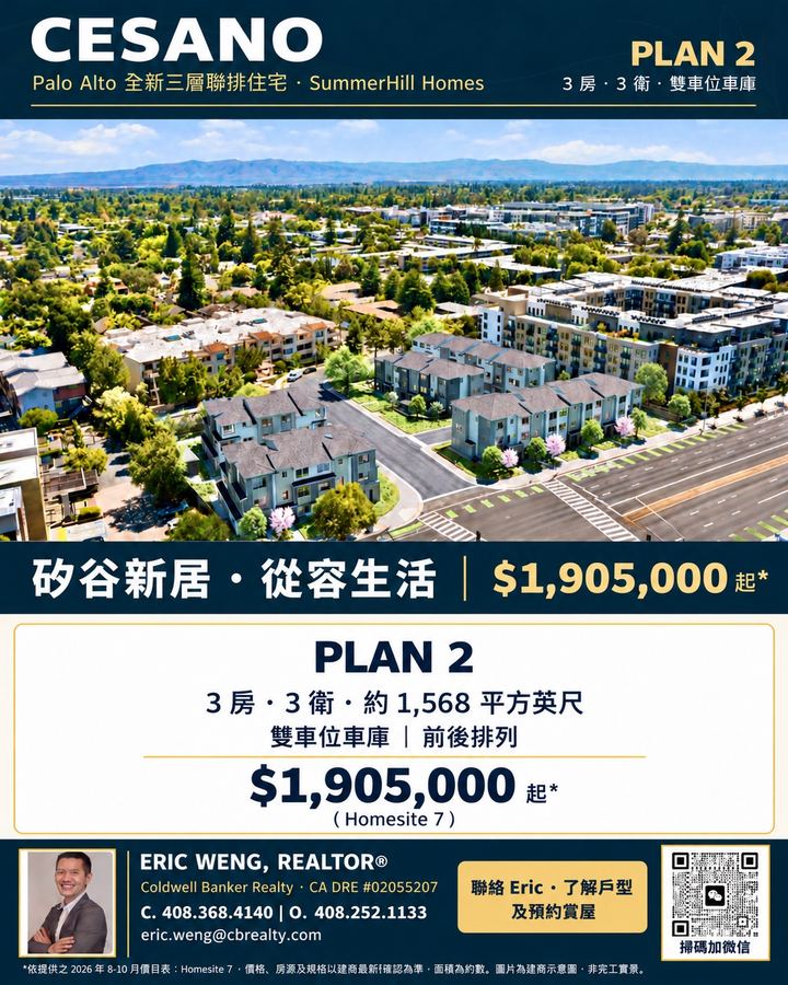 Palo Alto 硅谷全新三层联排3卧3卫 配双车位车库 190.5万美元起