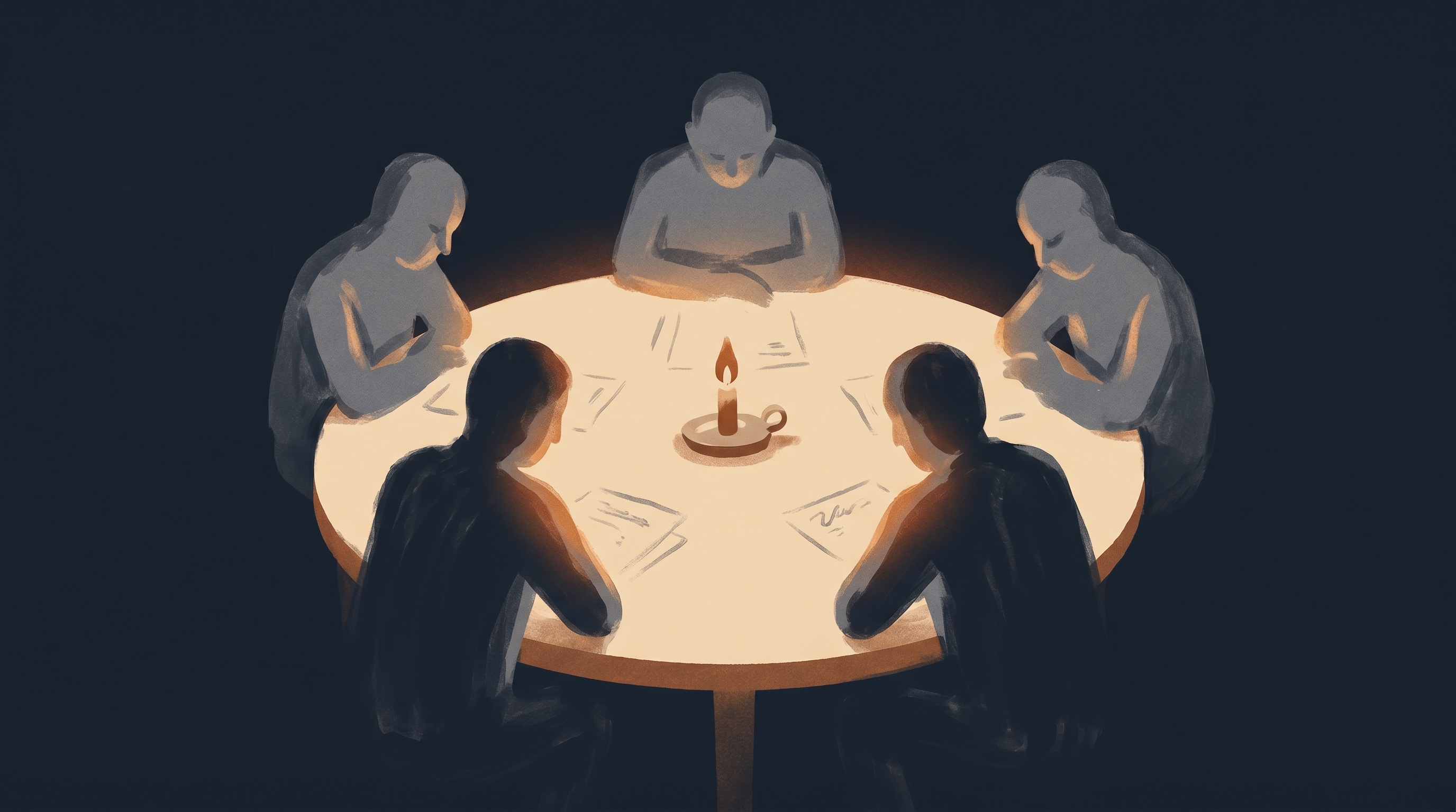 둥근 테이블을 둘러싼 다섯 실루엣, 가운데에는 작은 촛불 하나가 종이들을 비추고 있다