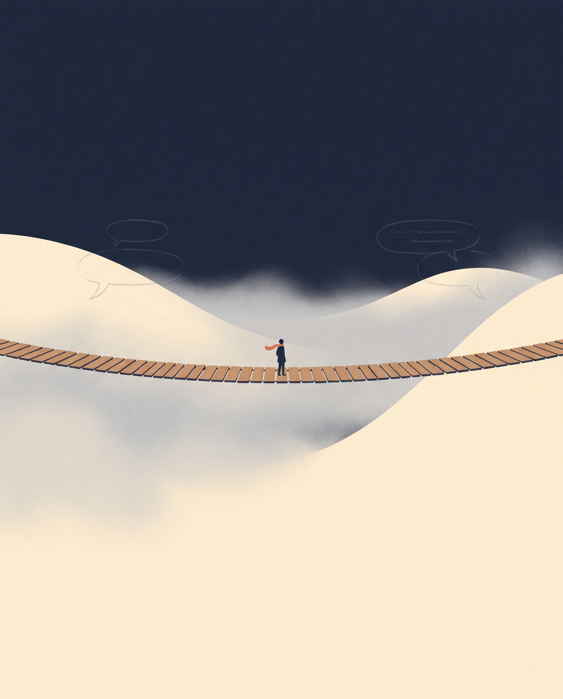 안개 낀 두 언덕 사이, 길고 가느다란 나무다리가 걸쳐 있다. 다리 한가운데 작은 사람의 실루엣이 서 있고, 목에는 산호색 스카프가 흔들린다. 양쪽 언덕 위로는 흐릿한 말풍선이 떠 있다.