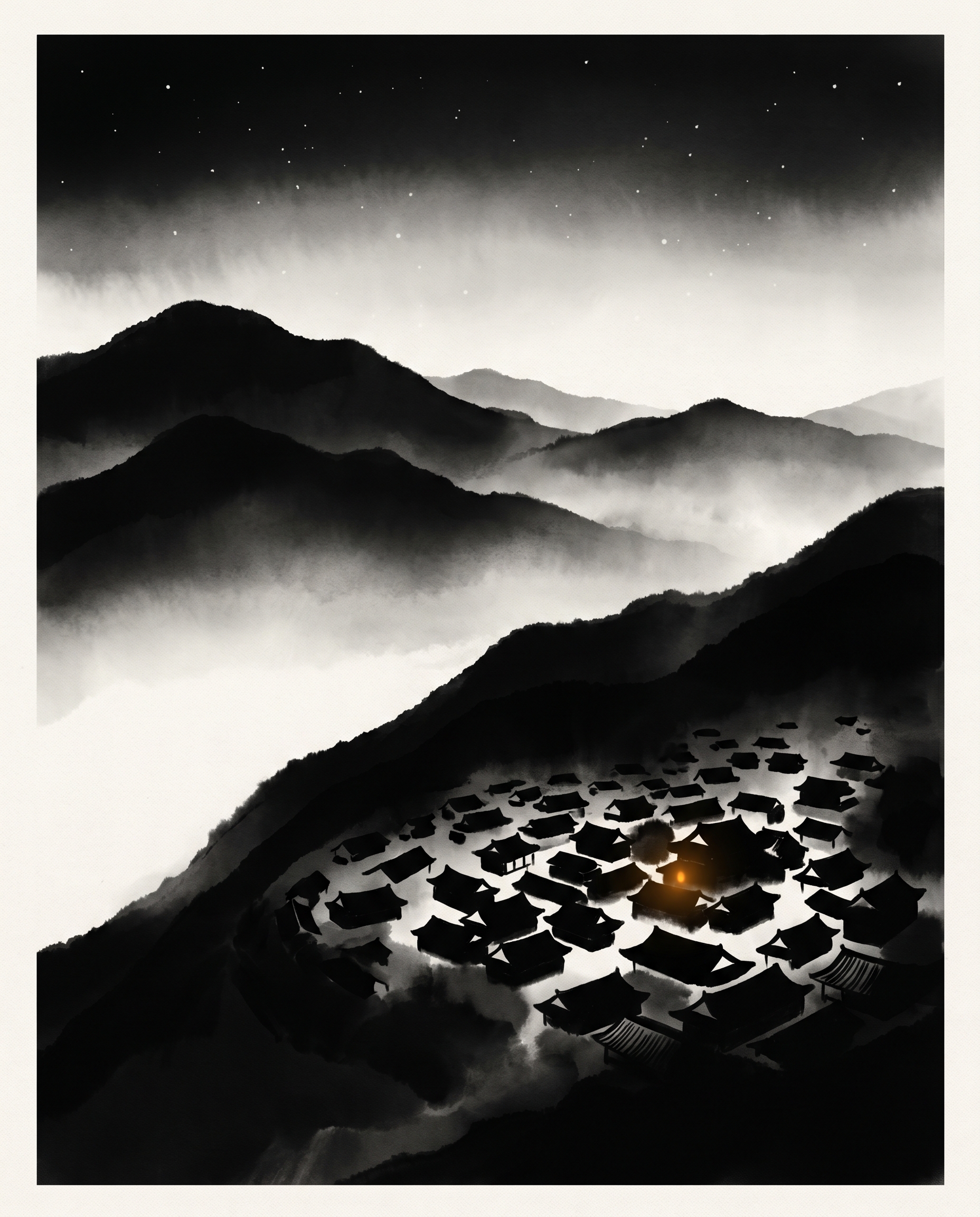 Aerial view of a Korean clan hanok village at deep night, cradled by mountain ridges. Roofs in monochrome ink wash. A single warm amber light glows from one rooftop.