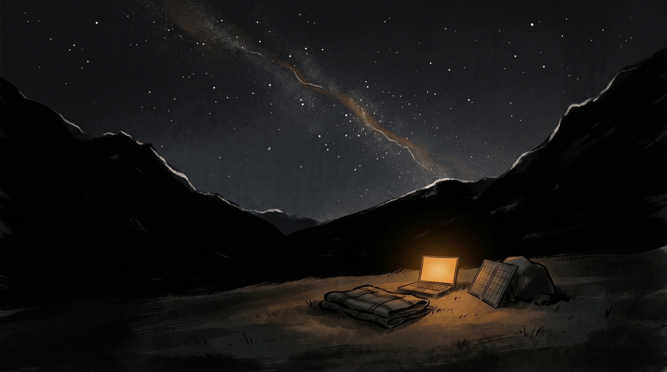 A small open laptop and a foldable solar panel on a dark Korean mountain meadow at night. The Milky Way sweeps diagonally above. Mountain silhouettes frame both sides.