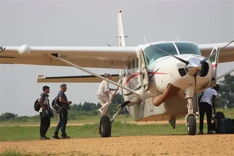 A small charter plane on a savanna airstrip