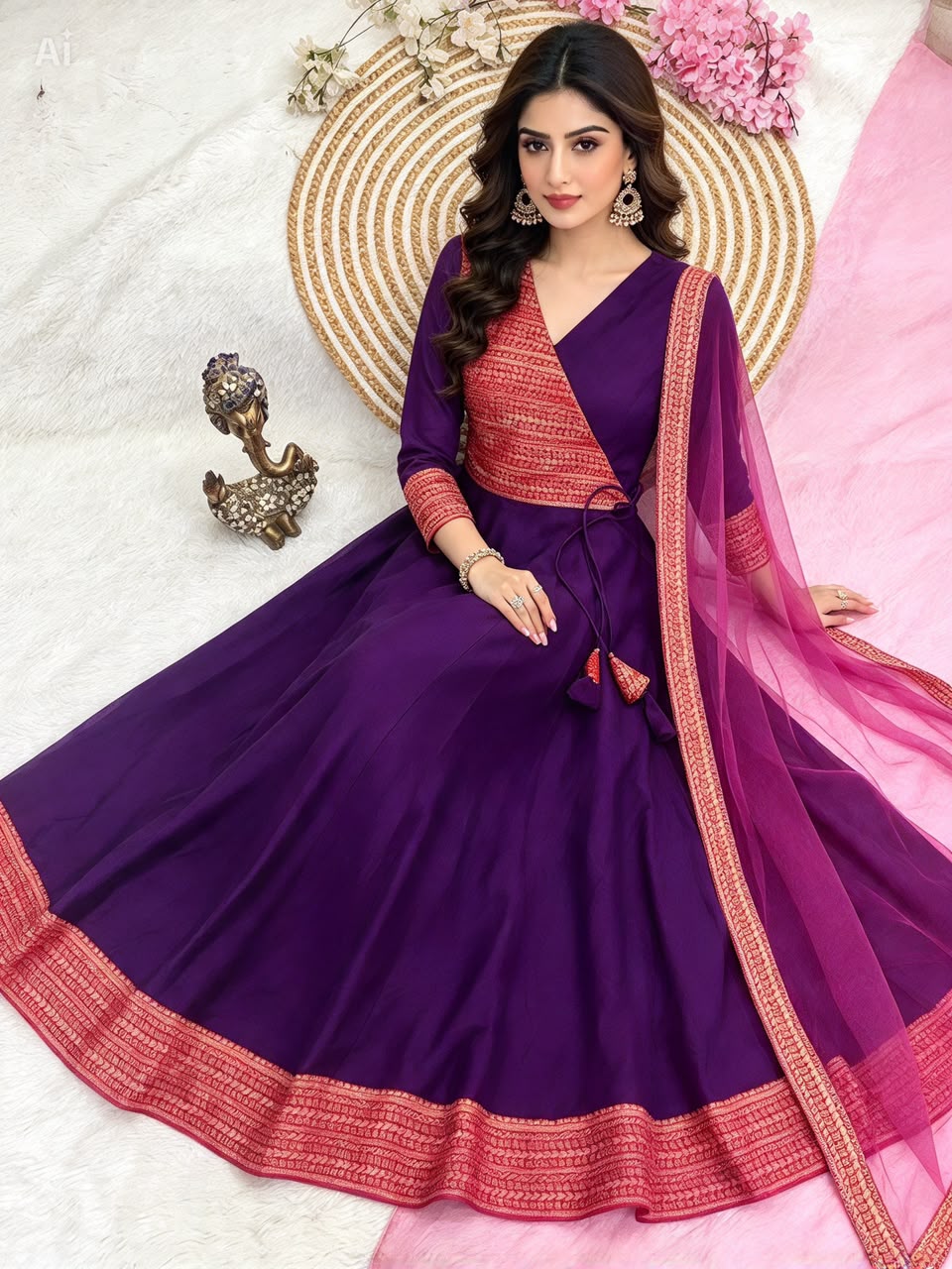 Trendy Two-Tone Span Cotton Ethnic Gown with Jacquard Zari Border