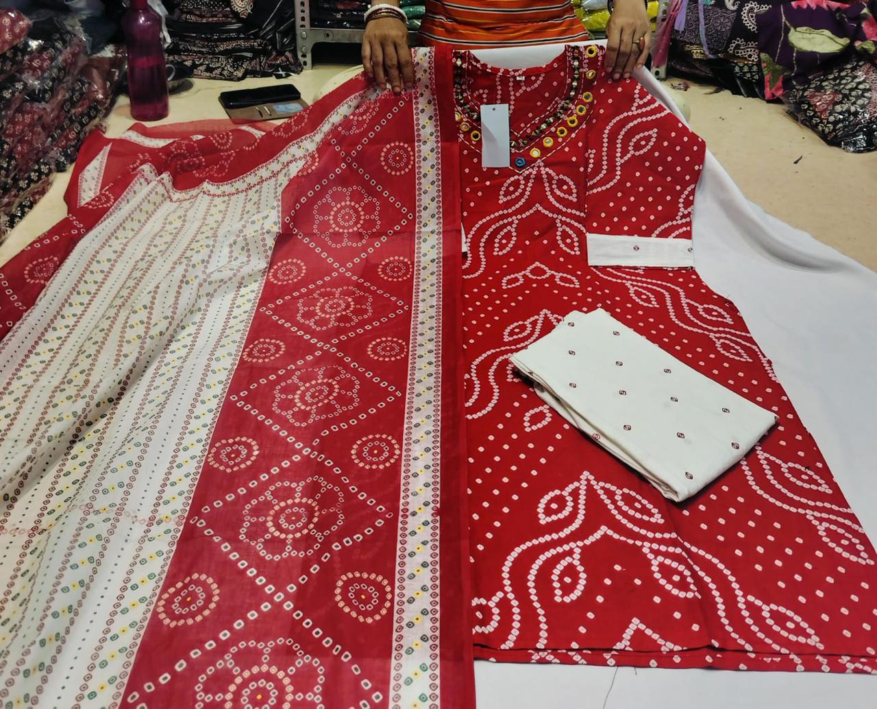 Pure Cambric Cotton Kurti Pant Dupatta Set
