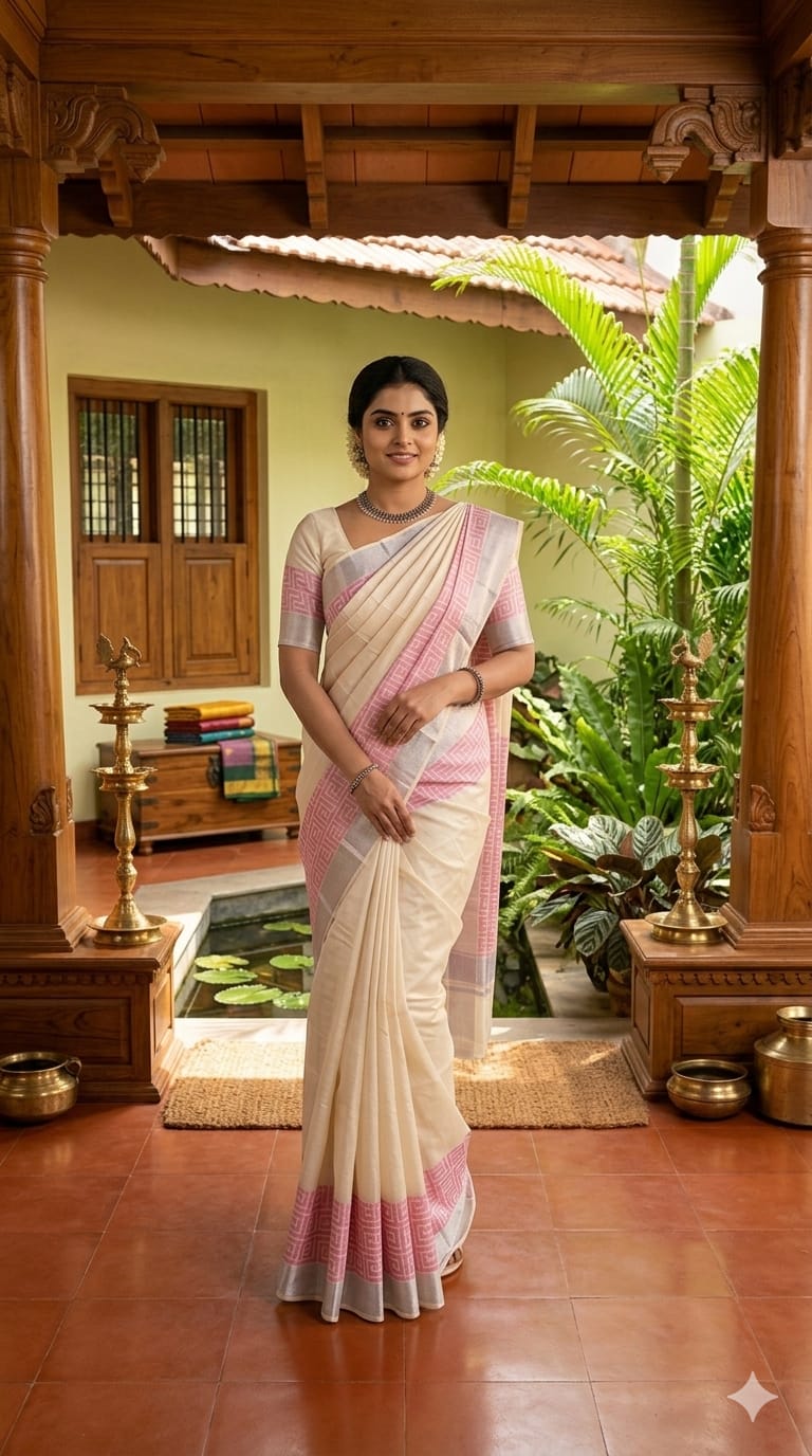 Rose Gold Elegance Cotton Mural Saree with Printed Blouse