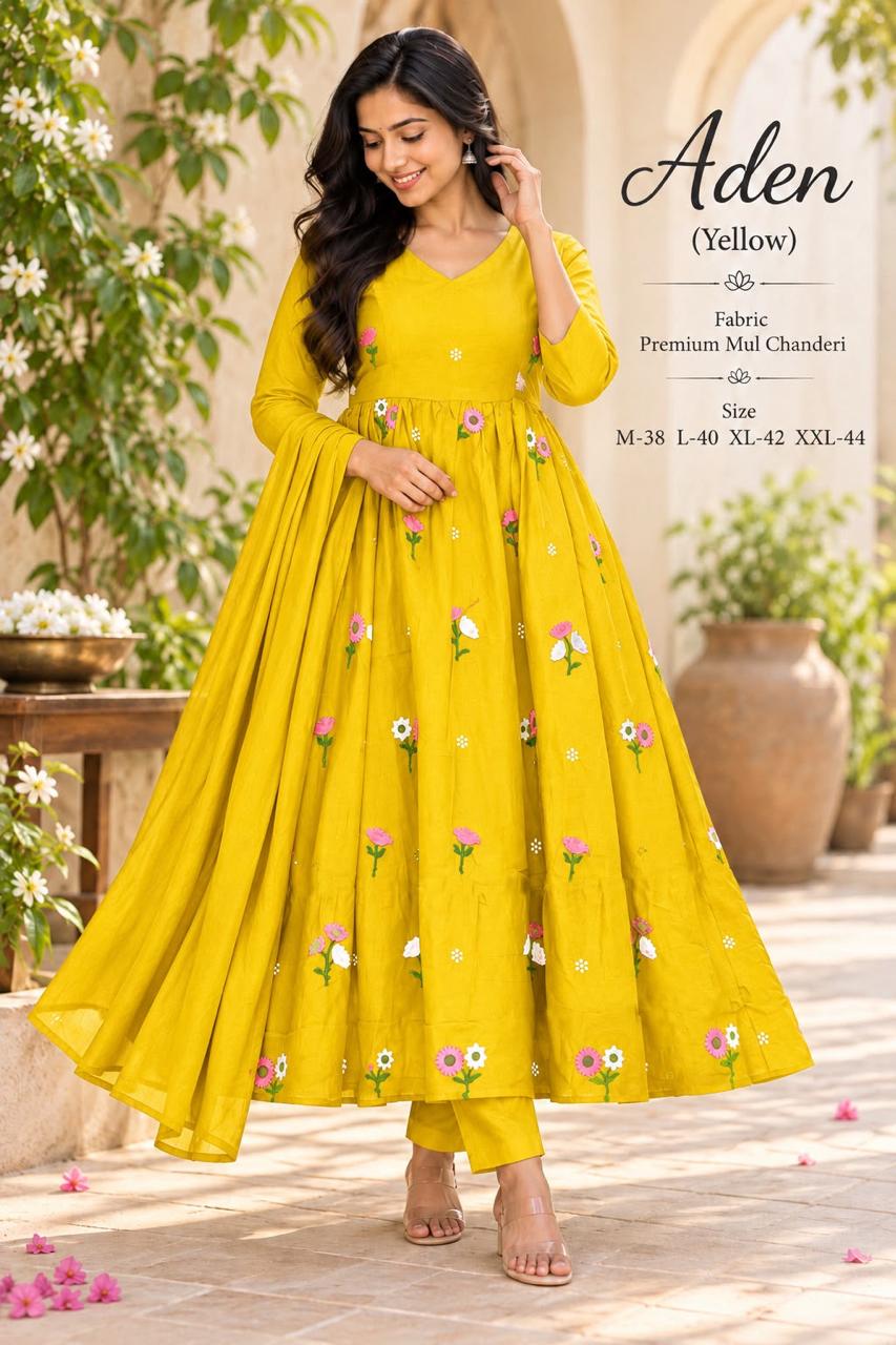 Floral Grace Mul Chanderi Embroidered Anarkali Suit Set