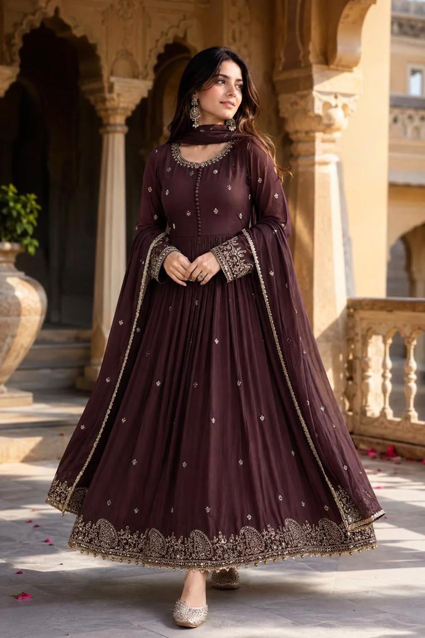 Heavy Chinon Silk Embroidered Party Wear Gown