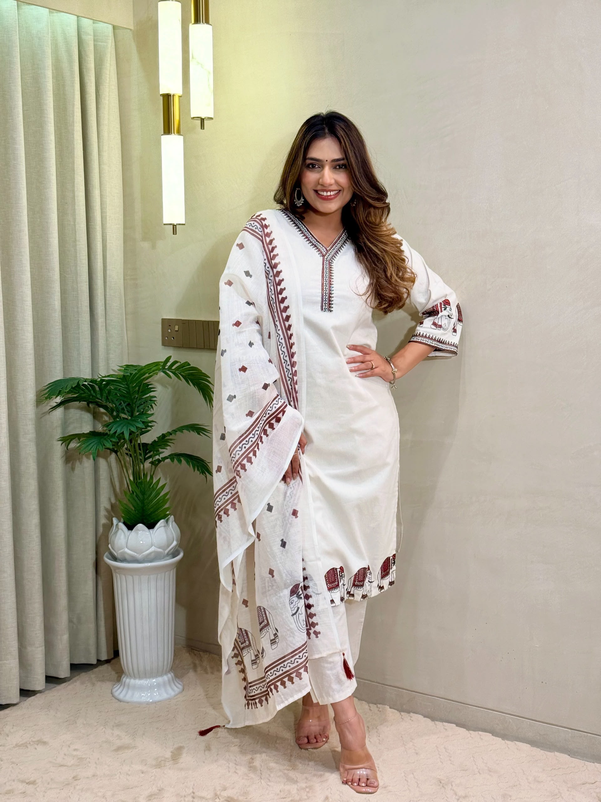 Designer Khadi Cotton Kurti Pant Dupatta Set with Embroidery 