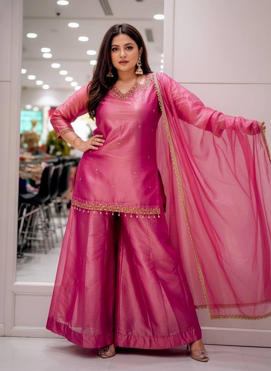  Elegant Fandy Silk Kurti Palazzo Set with Dupatta