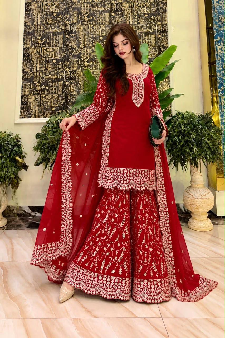 Luxury Red Zari Work Kurti Set with Embroidered Dupatta