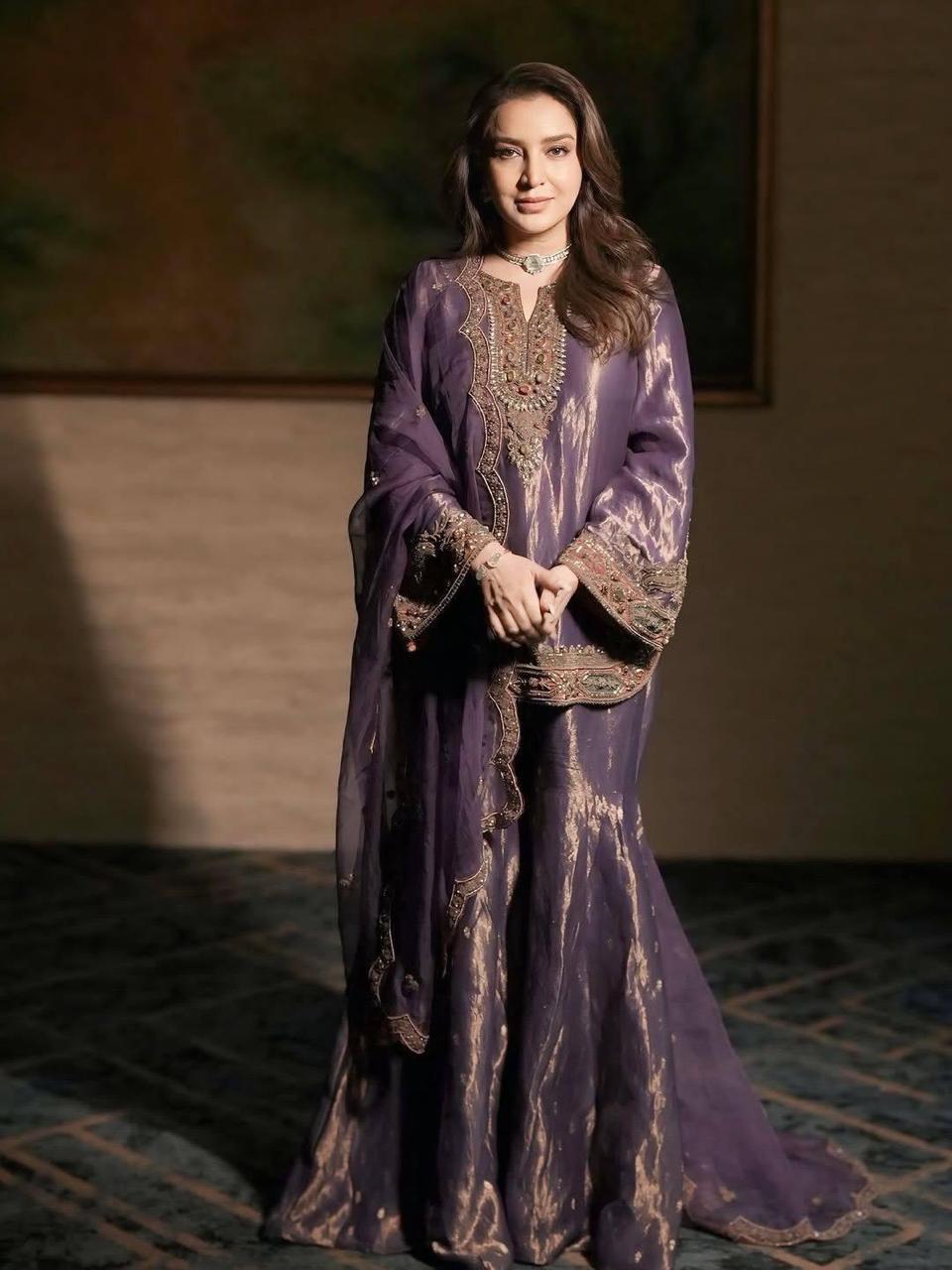 Luxury  Fendy Silk Stonework Kurti Palazzo Set
