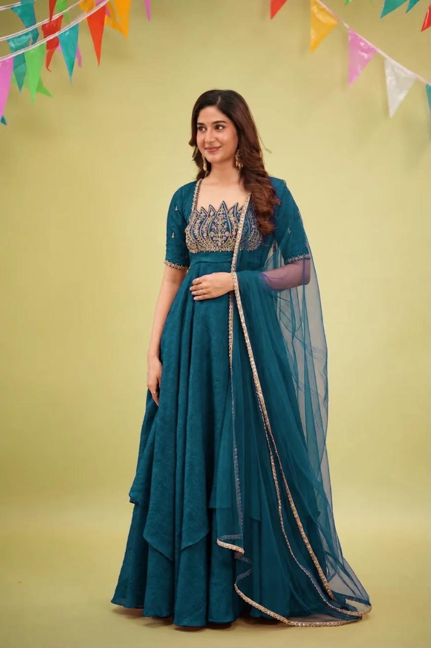 Lotus Heavy Beadwork Fendy Crush Designer Anarkali Gown Set