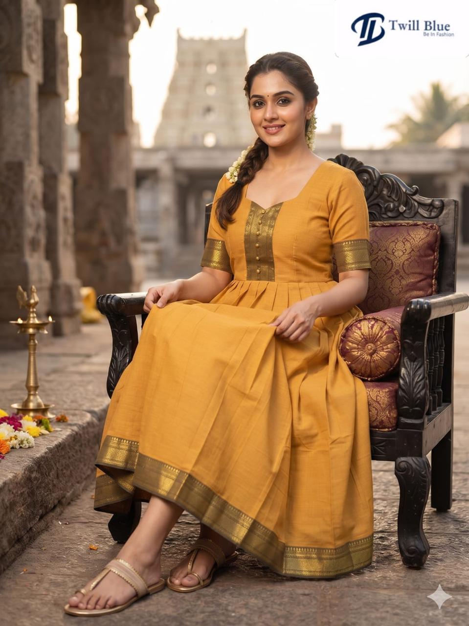 Classic  Mangalgiri Chettinad Cotton Silk Pleated Long Gown 