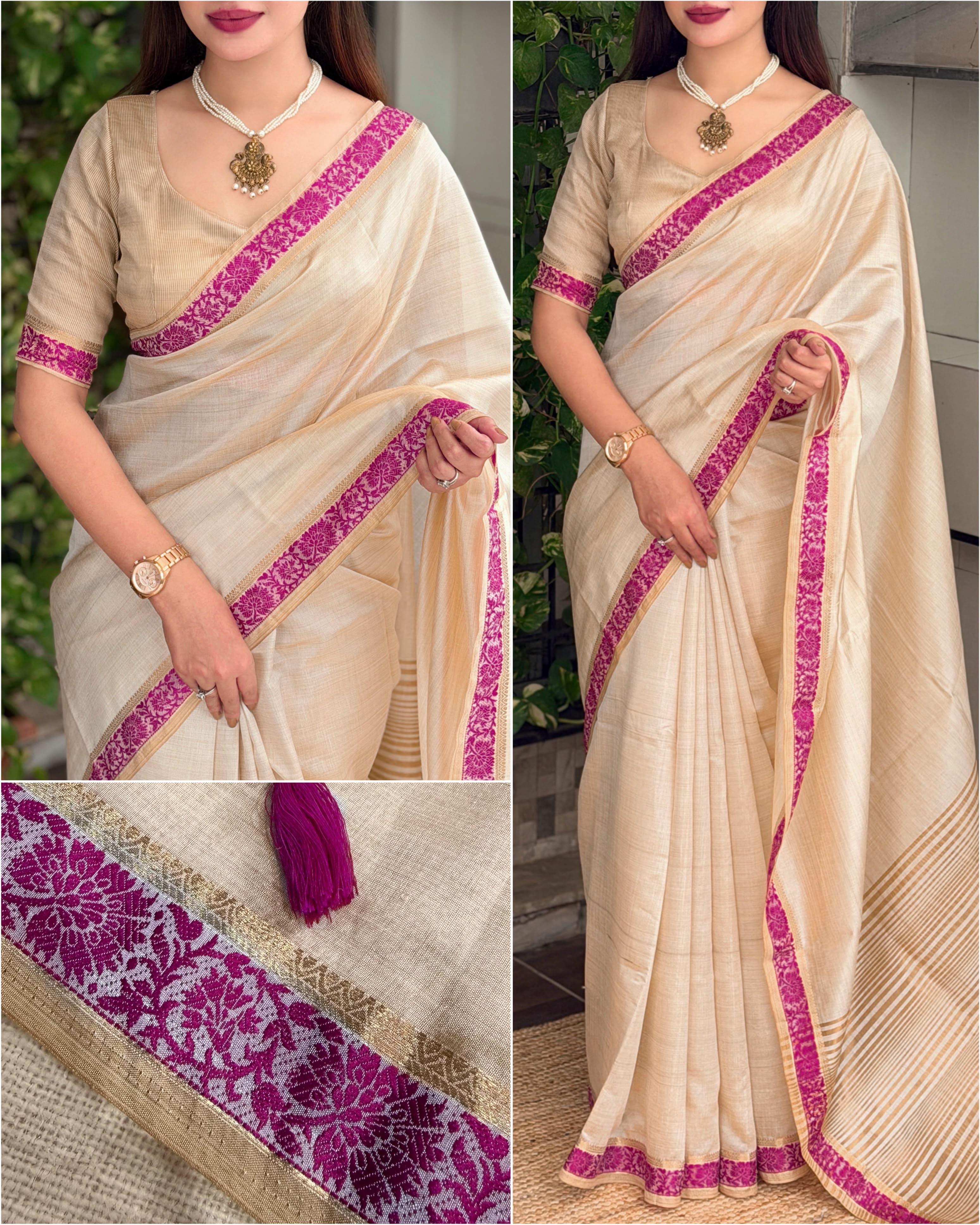 Contrast Border Tusser Cotton Saree