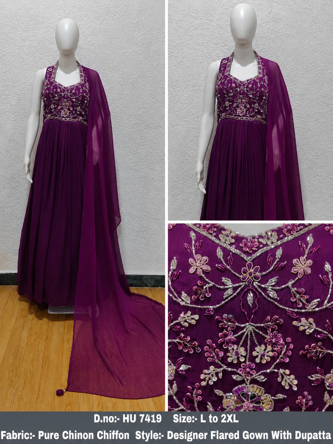 Designer Chinon Chiffon Flared Gown with Dupatta