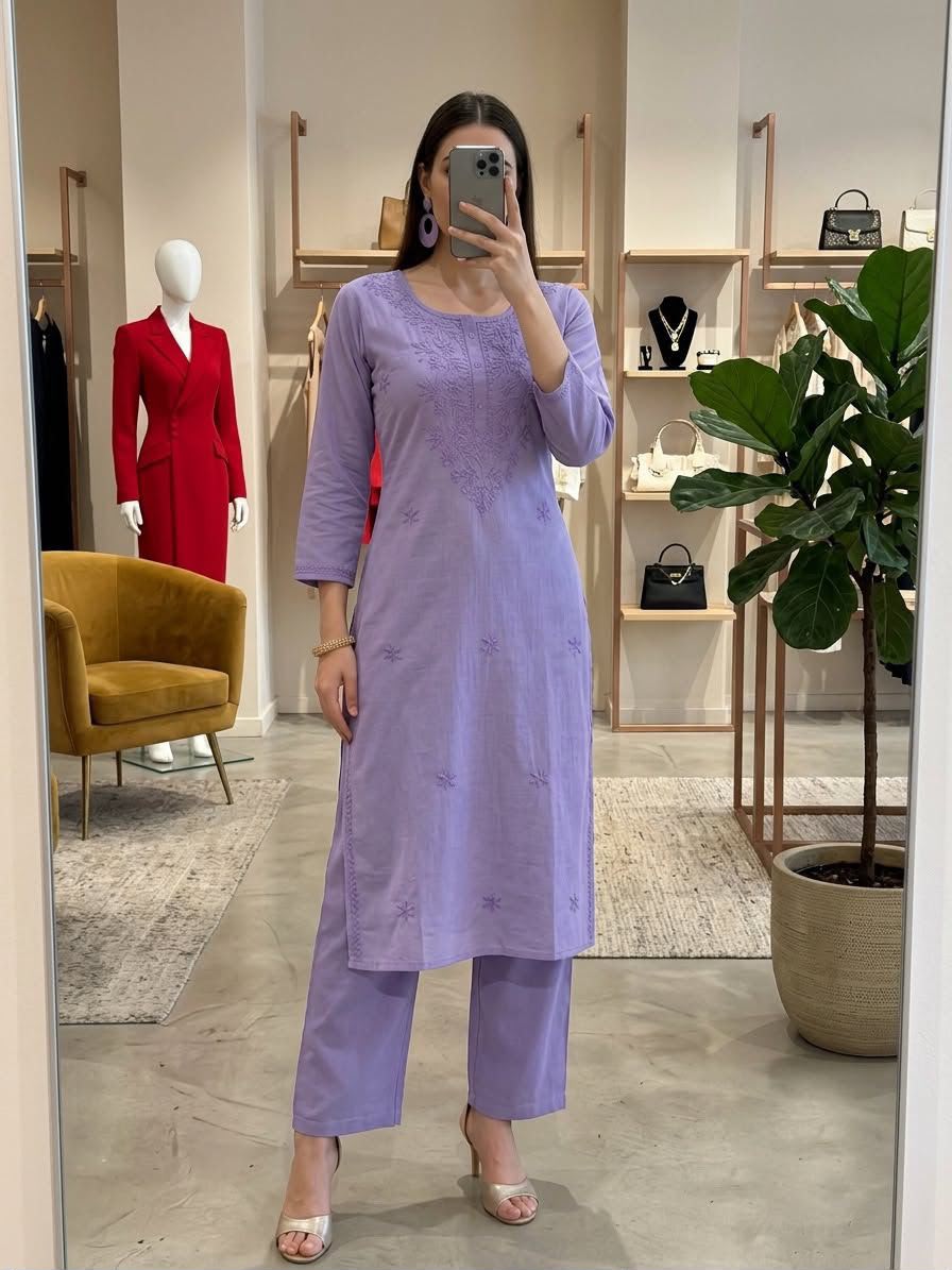 Embroidered Cotton Kurti Pant Set