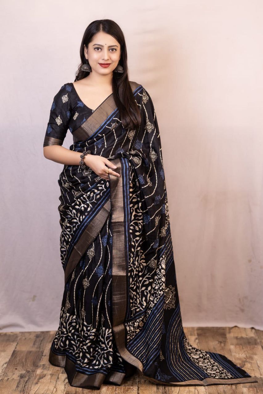 Handloom Batik Black Edition Soft Slub Silk Saree