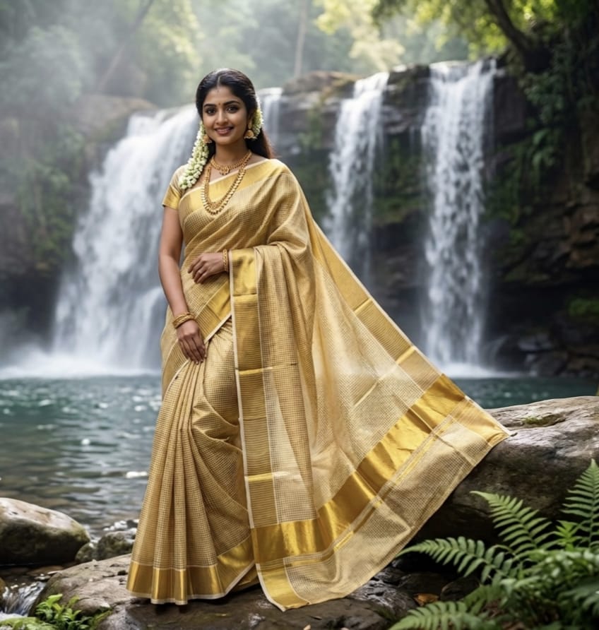 Kerala Tissue Checked Kasavu Saree