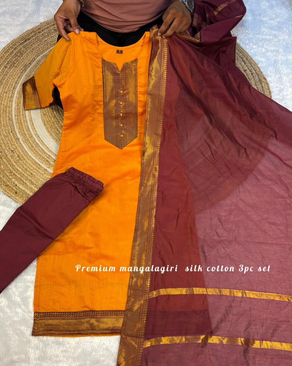 Mangalagiri Silk Cotton 3-Piece Ethnic Set