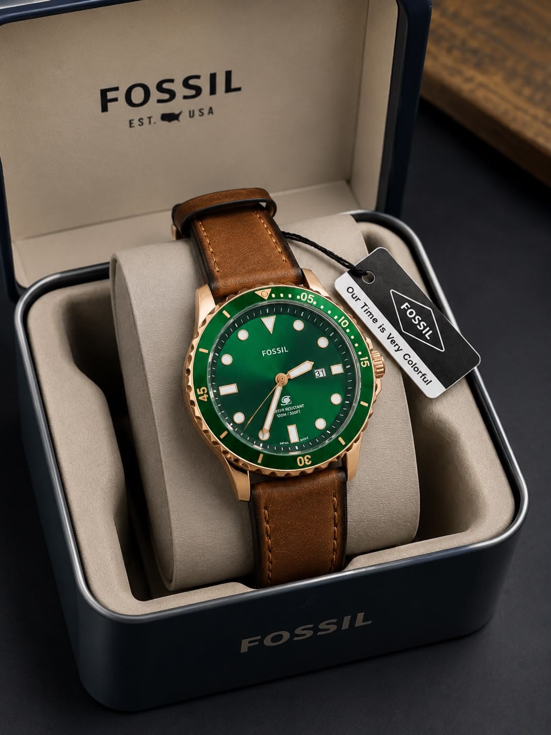 Men's Gold & Green Dial Watch  With Leather Strap