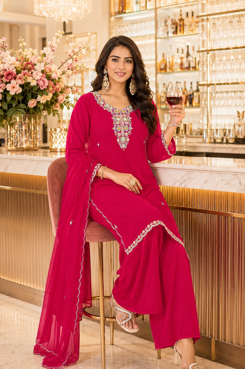 Short Kurti with Wide Pant & Organza Dupatta