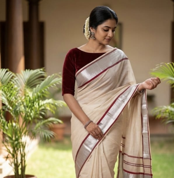 Silver Tissue Linen Saree – Onam Special